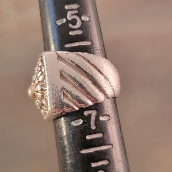 Sterling & 14k Flower Motif Signet Style Ring - Picture 7 of 10